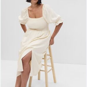 GAP Smocked Puff-Sleeve Midi Dress in Cream